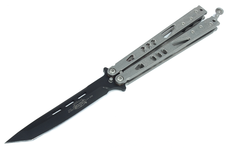 MicroTech（微技术）MT 172-1SW Tachyon II 光速粒子二代 几何头黑刃 石洗钛柄蝴蝶甩刀