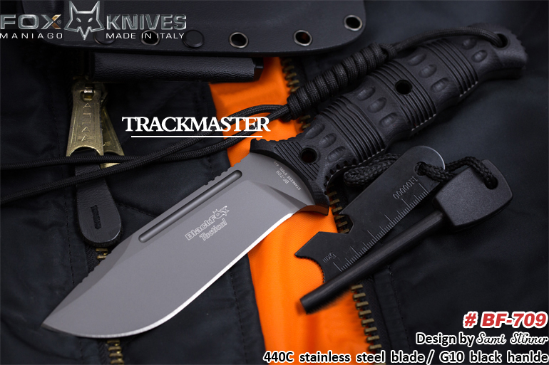 FOX 狐狸（意大利）#BF-709 “Outdoor Knives - TrackerMaster” 黑狐户外生存刀系列“追踪大师”中型生存刀 440C不锈钢+灰色镀钛涂层+G10手柄 附带K鞘和打火石