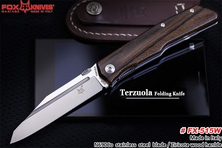 FOX 狐狸（意大利）#FX-515W “TERZUOLA FOLDING KNIFE” “特左拉”折刀 狐狸与著名战术刀设计大师合作款 N690Co钴强化不锈钢+钢本色拉丝处理+天然ZIRICOTE 破布木 实木手柄 附带高级皮套