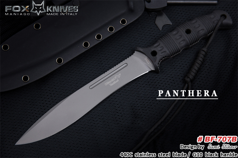 FOX 狐狸（意大利）#BF-707B “BLACKFOX TACTICAL KNIVES-PANTHERA” 黑狐战术/生存刀系列“707B黑豹” 战术生存刀 440C不锈钢+灰色镀钛涂层+G10手柄 附带高级K鞘和打火石