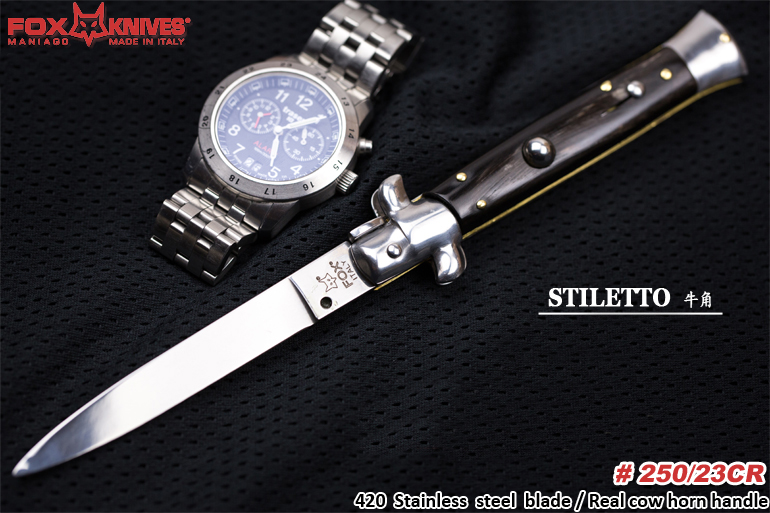 FOX 狐狸(意大利) #250/23CR TRADITIONAL “STILETTO” 经典牛角柄侧跳 420不锈钢+天然牛角柄 23厘米剑形意大利黑手党侧跳