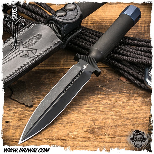 美国微技术/Microtech Custom: ADO-L (Large) Dagger - Black w/Ti Cap, Leather Sheath 手工定制CPM 3V钢ADO-L大剑标大号战术一体双刃直刀 附送钢卡