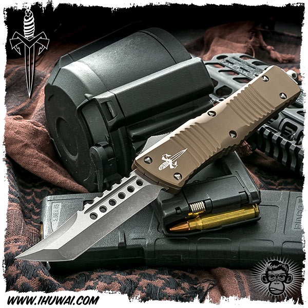 美国微技术/Microtech Custom: Combat Troodon Hellhound Tanto - Apocalyptic/Tan 手工定制战斗伤龙齿“天启”M390钢表面石洗处理T头沙色6061铝柄战术直跳