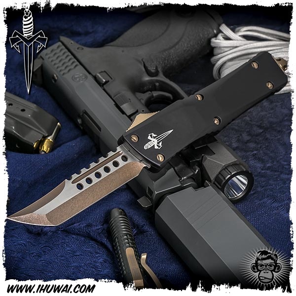 美国微技术/Microtech Custom: Combat Troodon Hellhound Tanto - Apocalyptic Bronze/Black 手工定制战斗伤龙齿“天启”M390钢表面石洗处理T头黑色6061铝柄战术直跳