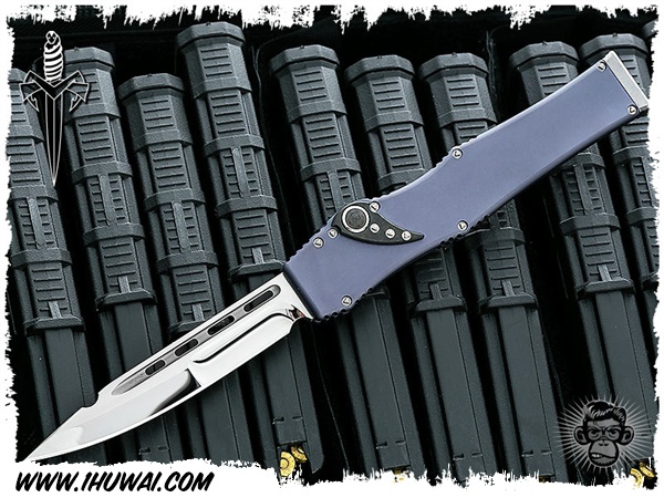 美国微技术/Microtech Custom: HALO V Duplex Grind High Polish/Gun Metal Gray w/CF Overlay 手工定制光晕V高亮抛光镜面阳极氧化铝高端精美直跳刀