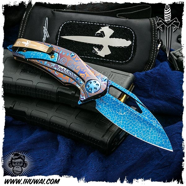 美国微技术/Microtech Custom: Matrix R - Moku-Ti/Nebula Damascus 手工定制“矩阵”R 蓝色星云大马士革钢Chad Nichols Moku-Ti钛稀有高端折刀 附送钢卡