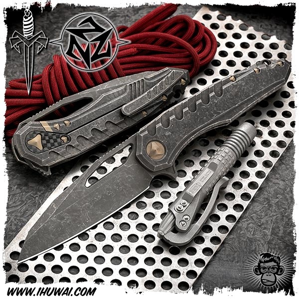 美国微技术/Microtech Custom: Munroe Sigil MK6 (Large) Titanium-手工定制大号“魔符”MK6 M390钢刃纯钛沧桑石洗处理镶嵌大马士革贴片精美折刀