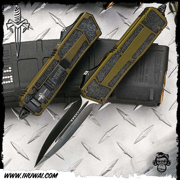 美国微技术/Microtech Custom: Scarab Dagger -手工定制大剑标“圣甲虫”M390钢表面DLC涂层军绿色铝柄双刃高端战术直跳刀