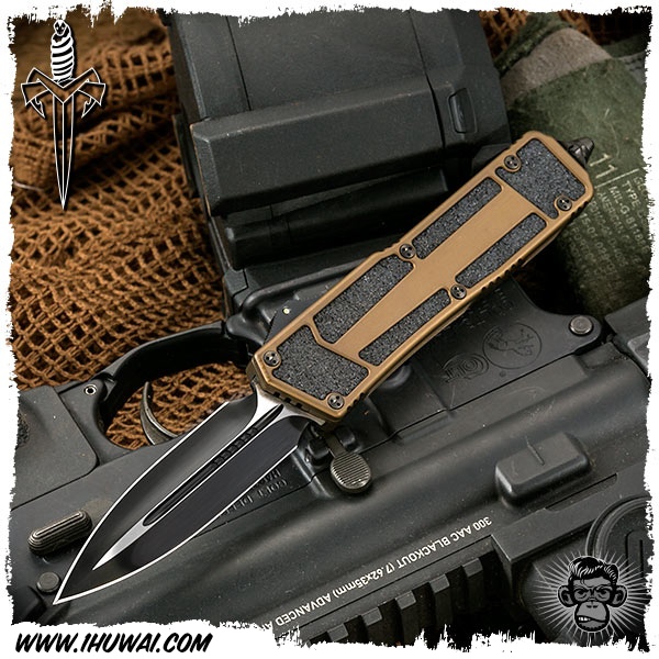 美国微技术/Microtech Custom: Scarab Dagger-手工定制大剑标“圣甲虫”M390钢表面DLC涂层沙色铝柄双刃战术跳刀