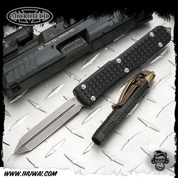 美国微技术/Microtech: Ultratech Pattern MkII Spartan Grind - Black/Apocalyptic  Elmax钢MKII天启头黑色弹片纹柄战术直跳