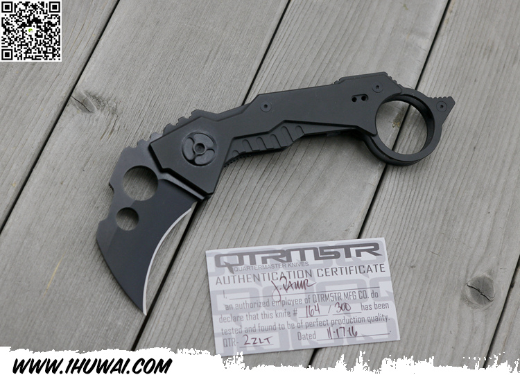 美国军需官/Quartermaster B.A. Baracas QTR-2ZLT Karambit CPM-154不锈钢表面黑色涂层处理全钛柄战术爪 全球限量300支