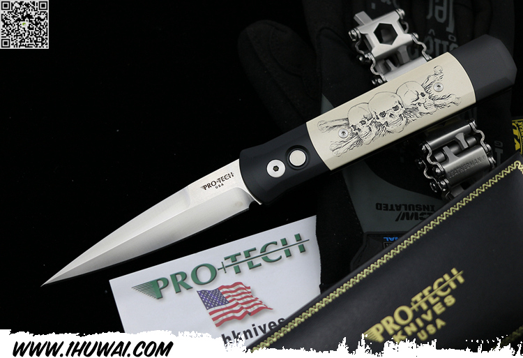 美国超技术Protech Godfather930SF-Karst “教父”154CM不锈钢铝柄镶嵌米卡塔骷髅图腾全球限量300只精美侧跳