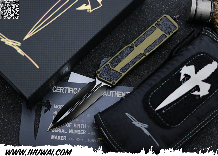 美国微技术/Microtech Custom: Scarab Dagger -手工定制大剑标“圣甲虫”M390钢表面DLC涂层军绿色铝柄双刃高端战术直跳刀