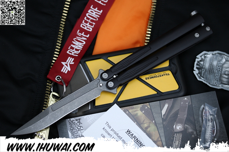 美国微技术Microtech #173-10AP Tachyon III Balisong Apocalyptic “光速粒子3” Elmax粉末钢天启博伊头咖啡色铝柄蝴蝶甩刀