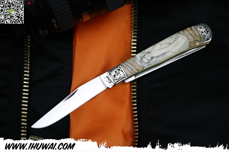 美国Case Knives, Dan Farrell #Trapper “猎人”猛犸柄雕刻裸女镍银雕花精美手工EDC小折刀 无锁定