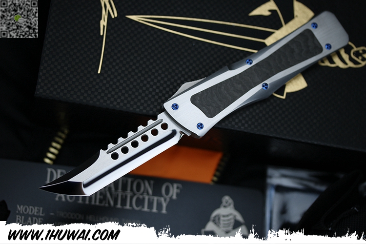 美国微技术大剑标手工Marfione Custom #Troodon Hellhound Tanto “地狱犬”M390神钢镜面刃博伊头钢柄镶嵌石英碳纤维战术直跳 钢卡证书G9展品