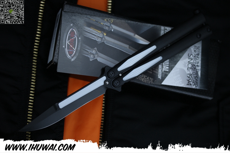 美国微技术Microtech #173-1VM Tachyon III Balisong Apocalyptic “光速粒子3” Elmax粉末钢DLC黑白涂层博伊头黑白铝柄蝴蝶甩刀