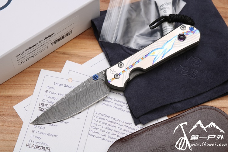 Chris Reeve 克里斯.里夫 #Large Sebenza21 UniqueGraphic Basketweave Damascus 大沙雕花系列“蓝碟”宝石镶嵌大马士革折刀