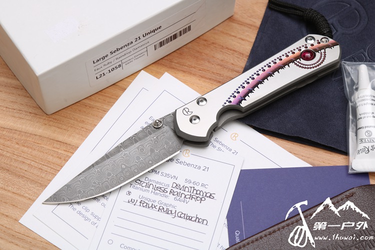 Chris Reeve 克里斯.里夫 #large Sebenza 21 大沙 德文托马斯雨滴大马士刃 钛金属雕花刀柄革镶嵌红宝石